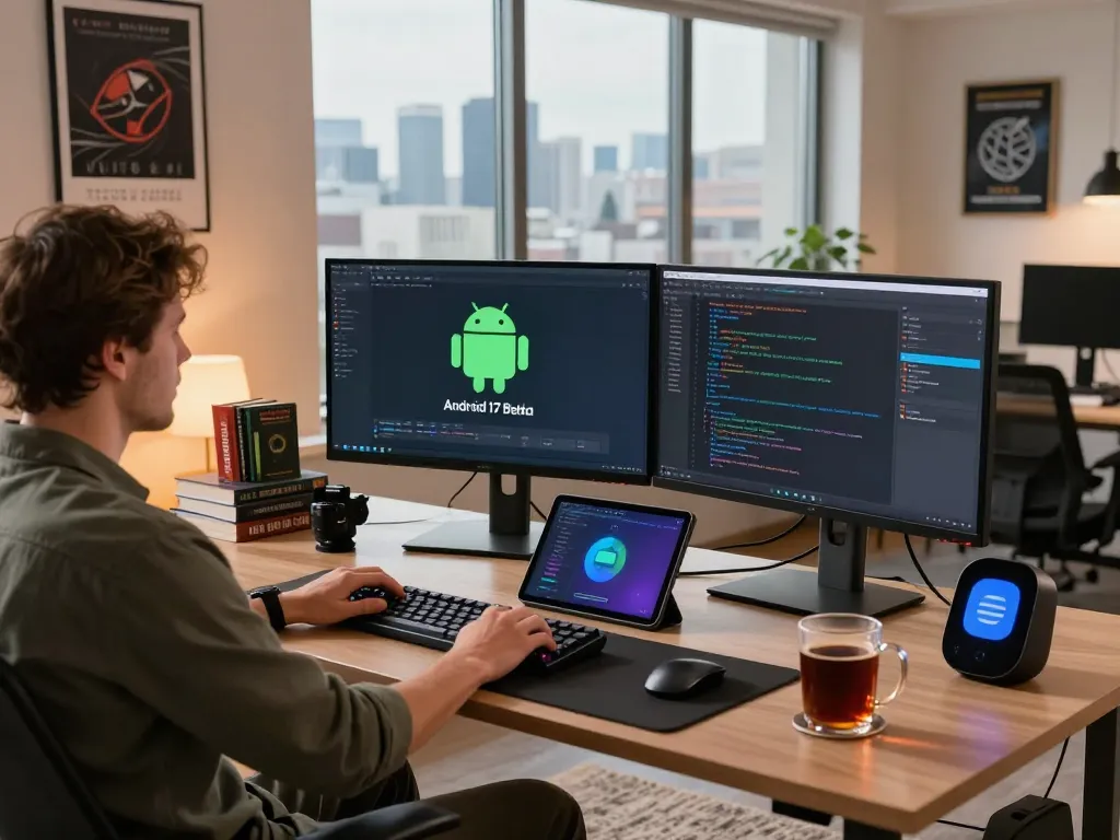 Developer working on Android 17 Beta software in a modern workspace filled with gadgets and code.