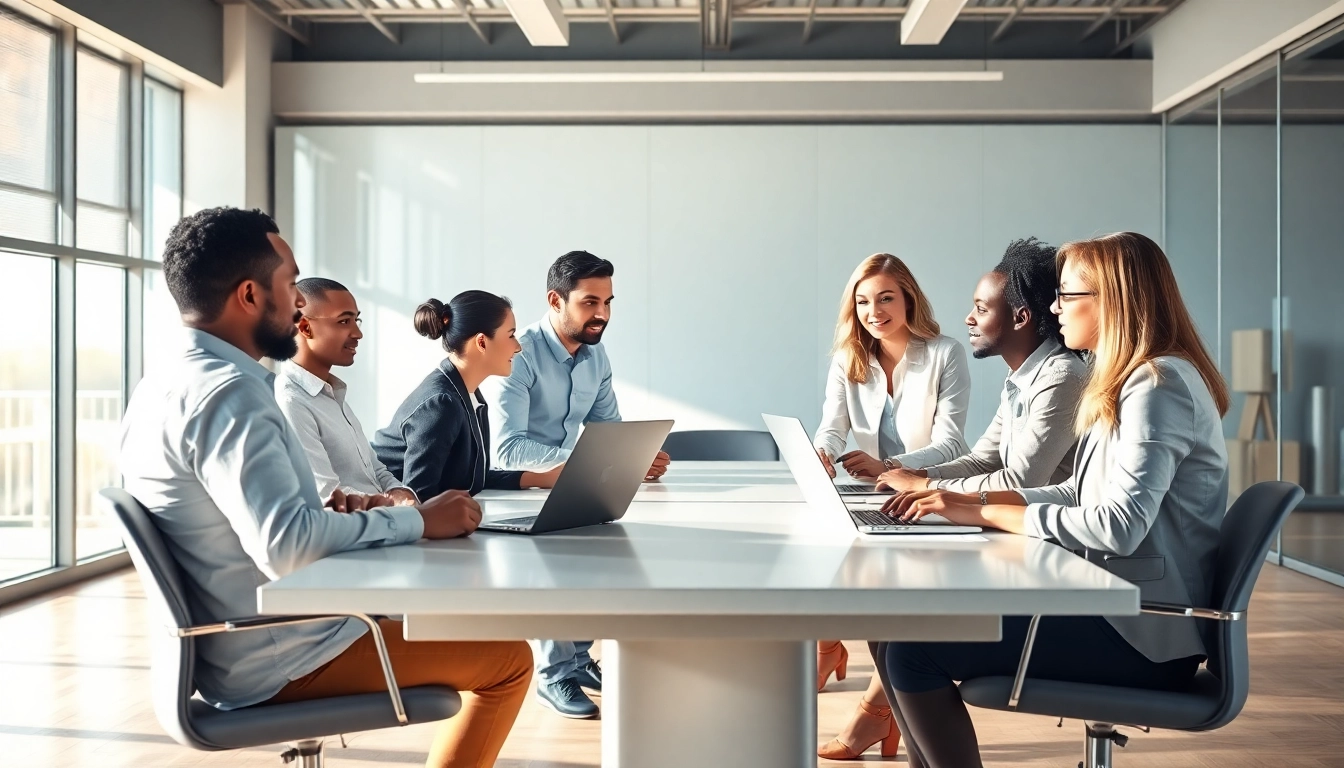 Engaging discussion among business phone providers in a modern office.