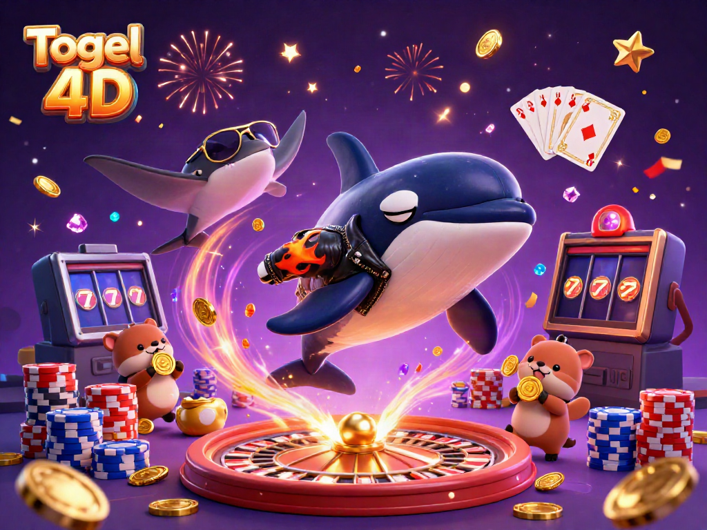 Momen bersemangat Togel 4D dengan orca, ikan pari, dan berang-berang sambil menggenggam koin emas.