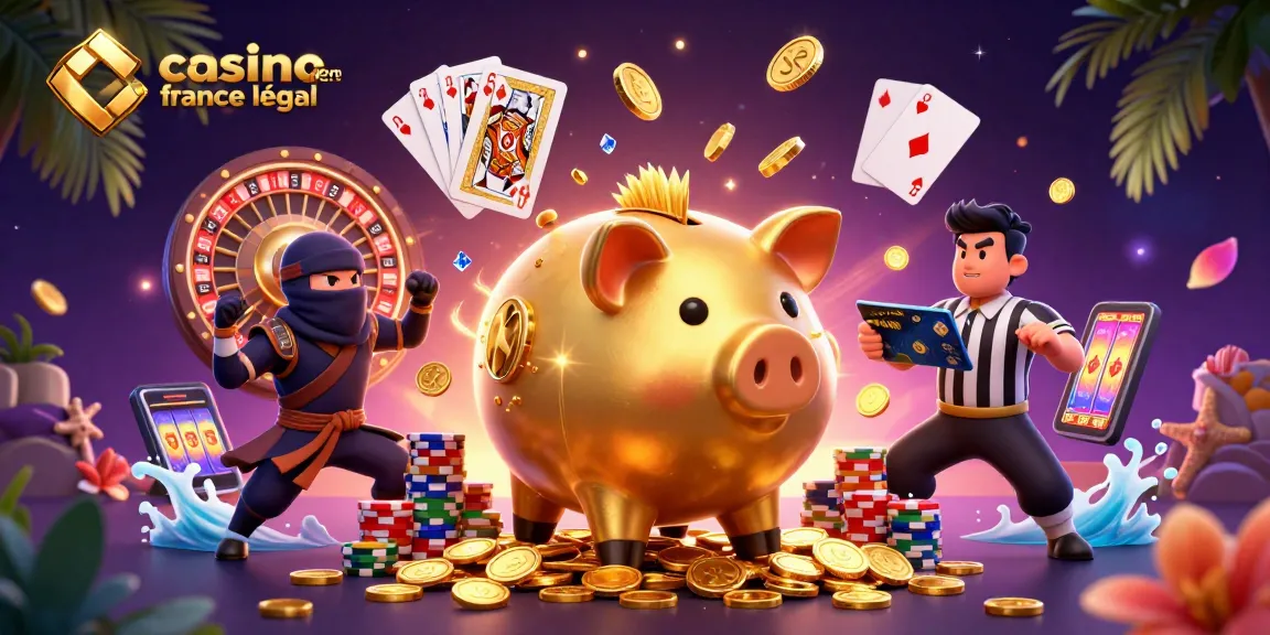 Illustration d'un casino en ligne légal en France avec un sumo et un ninja parmi des pièces d'or et un rouleau de roulette.