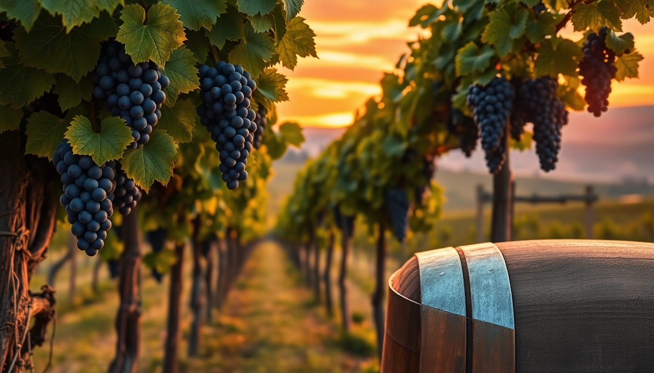 Experience the charm of Clarksburg wineries amidst lush grapevines and a sunset backdrop.