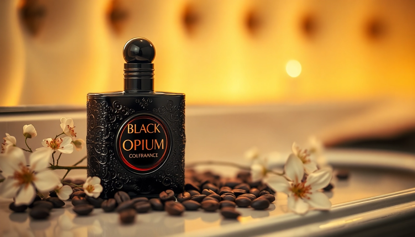 Highlight the luxurious Black Opium fragrance bottle surrounded by coffee beans and white flowers.