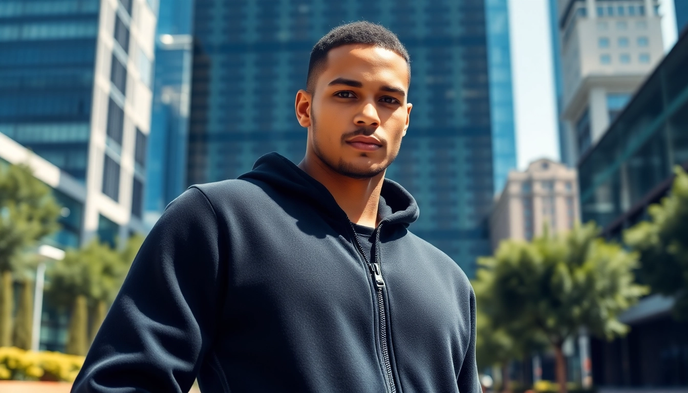 Model showcasing a stylish black zip up hoodie in an urban setting, radiating confidence.