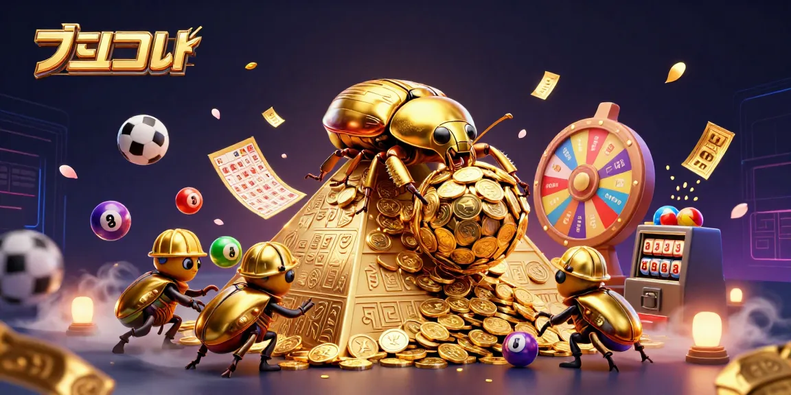 Bet on sports with แทงบอล as a golden beetle rolls coins uphill amid vibrant lottery elements.