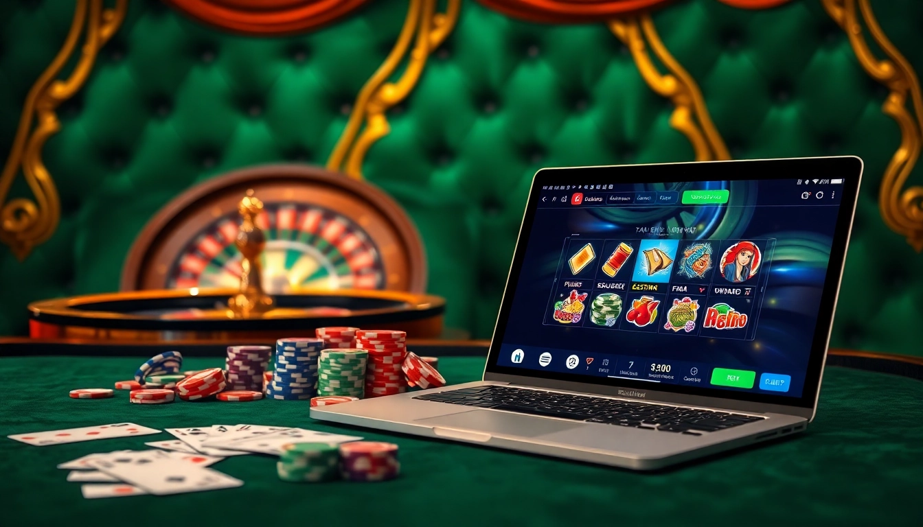 Représentation visuelle de l'expérience du meilleur casino en ligne avec des éléments de casino vibrants et une interface en ligne engageante.