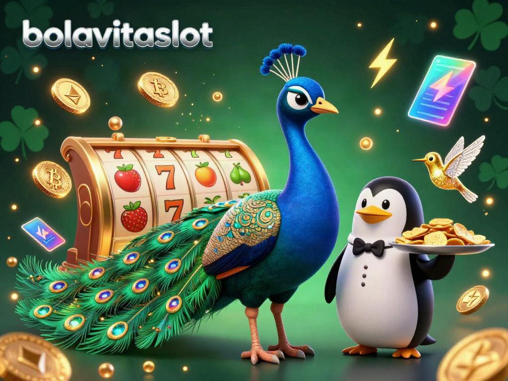 Experience the excitement of bolavitaslot with a vibrant 3D scene featuring a peacock and gaming elements.
