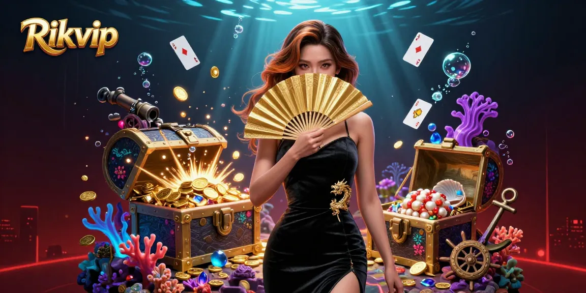 Experience thrilling gaming at Rikvip, featuring a captivating Asian woman amidst shimmering treasures and casino elements.