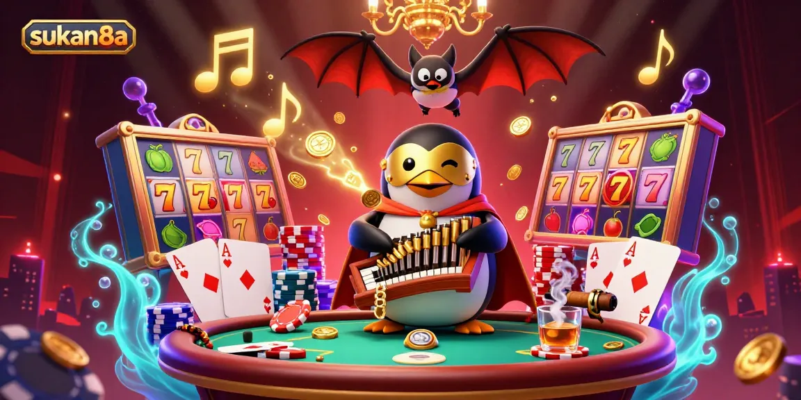 Sukan8a showcases a phantom opera penguin playing an organ that shoots coins, amidst vibrant slot reels and poker chips.