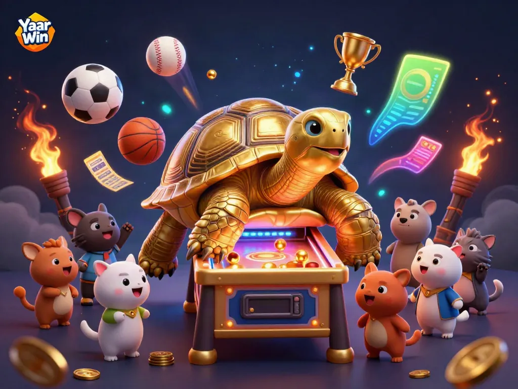 Play exciting games on Yaar Win, featuring a fun golden tortoise pinball machine with small animals eagerly waiting.