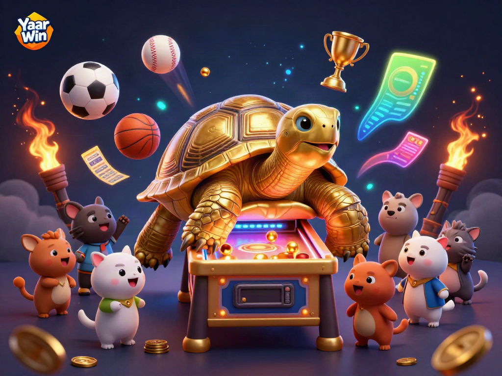 Play exciting games on Yaar Win, featuring a fun golden tortoise pinball machine with small animals eagerly waiting.