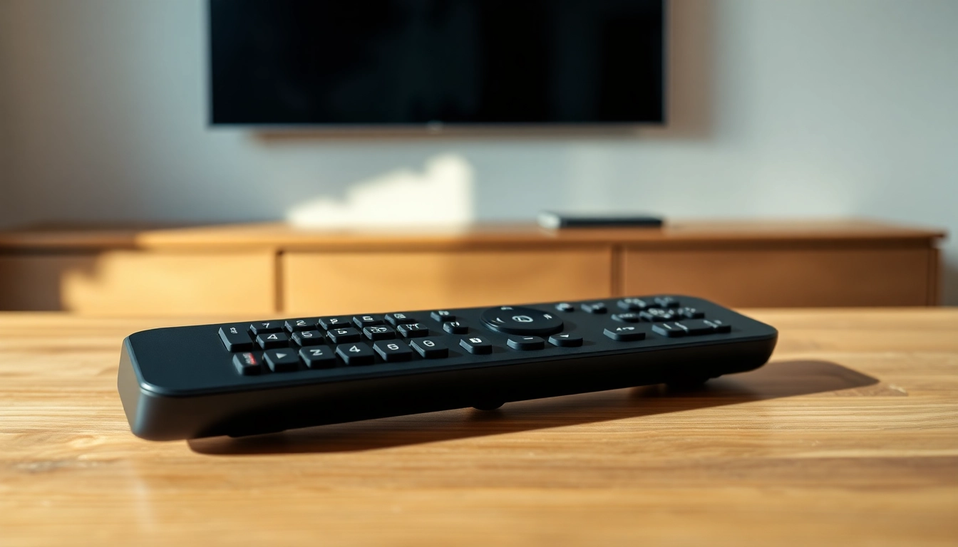Fernbedienung Sprachsteuerung auf elegantem Tisch zeigt modernste TV-Steuerungsfunktionen.