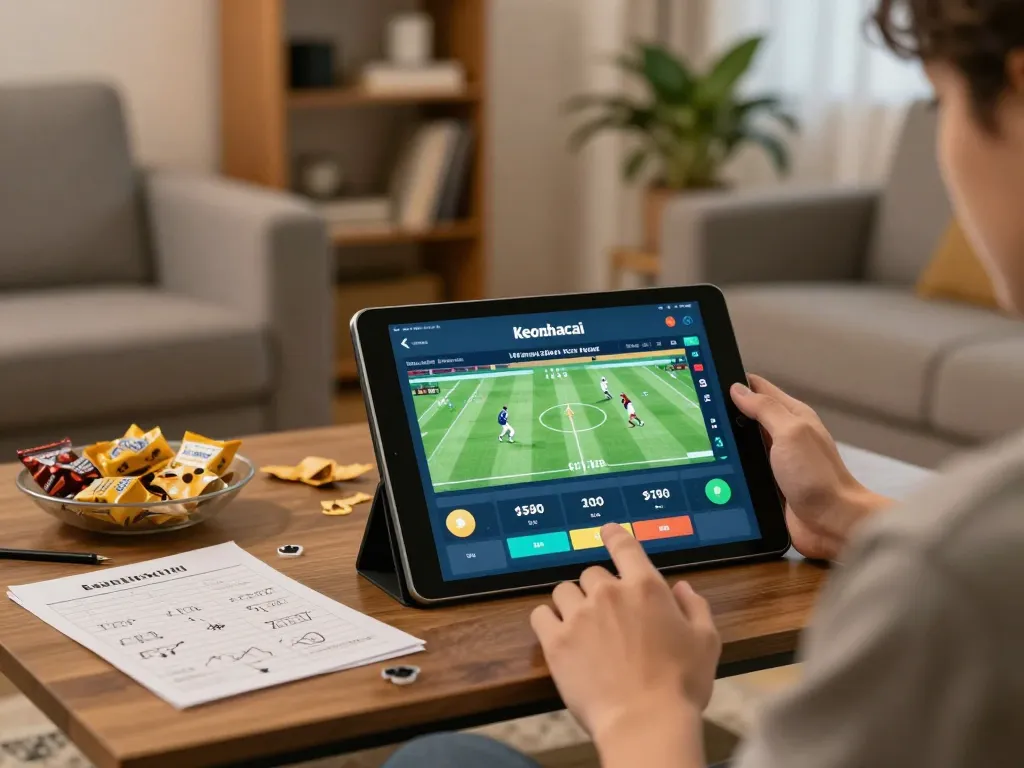 Engaging with Keonhacai app on tablet for live football betting in a cozy setting