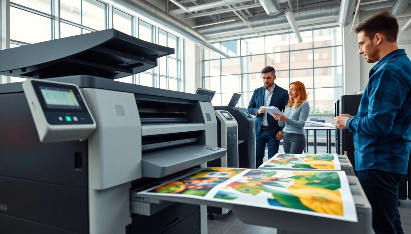 Showcasing printers edmonton alberta in a modern office environment with vibrant prints and professionals.