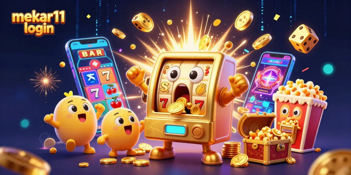 Experience the excitement of mekar11 login with a vibrant jackpot scene featuring a golden slot machine and bursting coins.