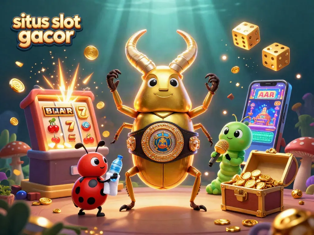 Situs slot gacor menyediakan aksi permainan menarik dengan simbol slot dan harta karun berkilau dalam ilustrasi digital 3D