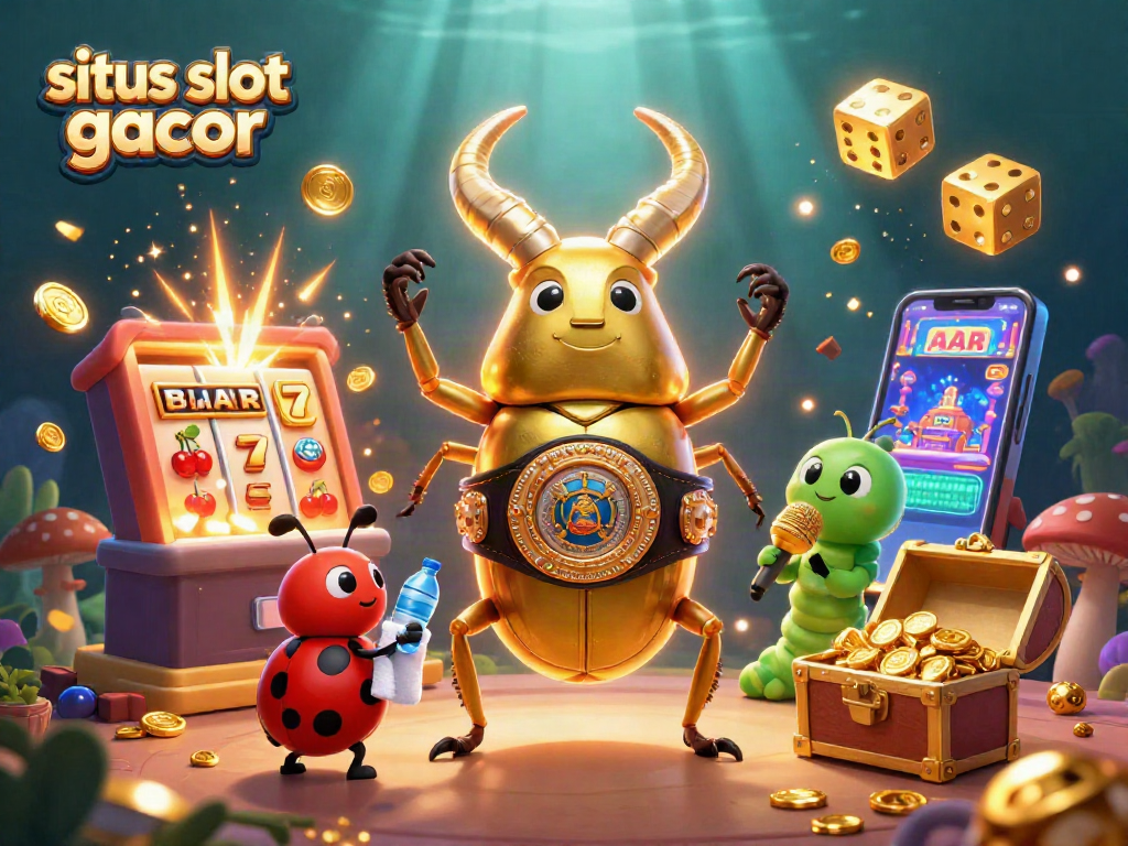 Situs slot gacor menyediakan aksi permainan menarik dengan simbol slot dan harta karun berkilau dalam ilustrasi digital 3D