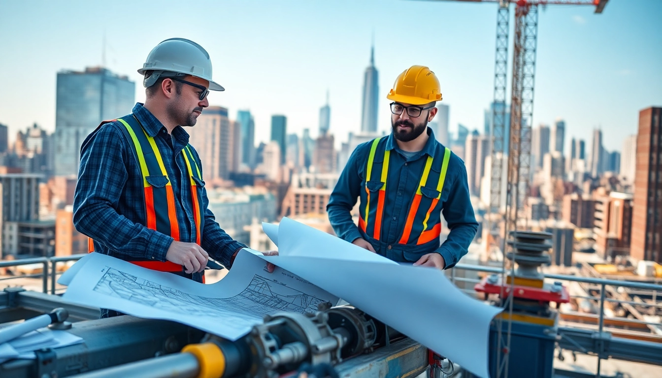 New York General Contractor supervising a bustling construction site with blueprints and urban skyline.