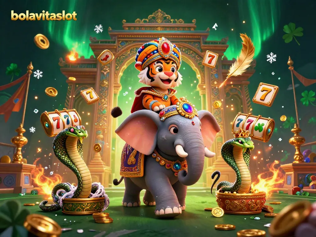 Experience the excitement of bolavitaslot with a vibrant scene of a maharaja and elephant amidst slot reels and gold coins.