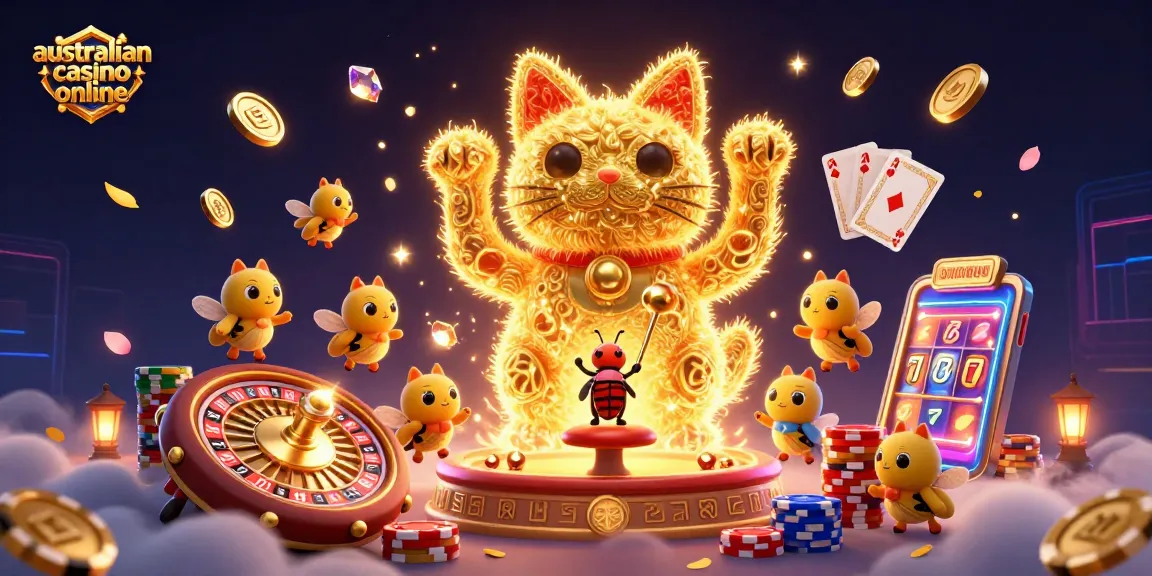 Experience the excitement of australian casino online with vibrant graphics of winning symbols and lucky characters.