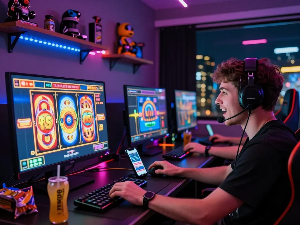 Pengalaman bermain yang imersif menampilkan pemain situs slot gacor memutar gulungan mesin slot online yang berwarna-warni dengan grafik dinamis di malam hari.