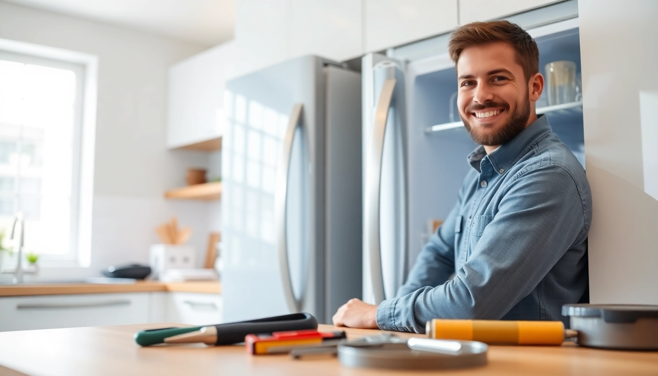 Appliance repair near me - smiling technician working on a refrigerator in a bright kitchen.