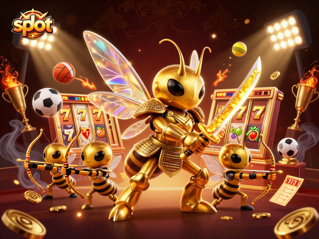 Mainkan slot dengan simbol keberuntungan dan raja jackpot dalam ilustrasi kasino berwarna-warni