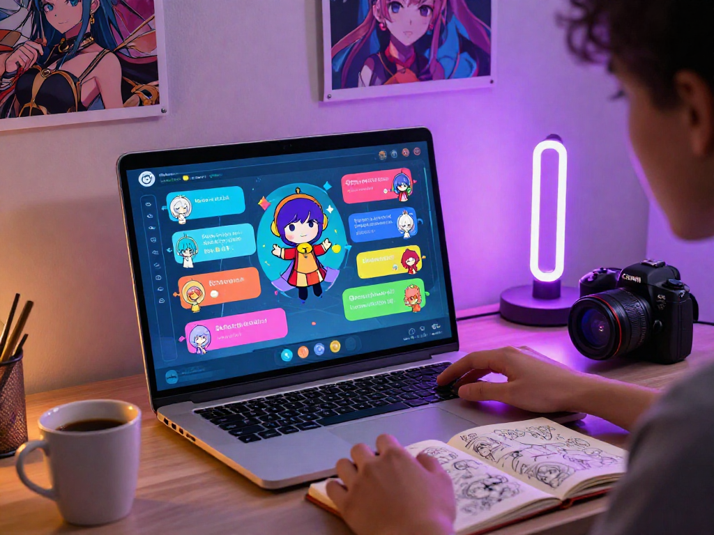 Engaging user experience with hentai AI chat interface depicting colorful characters and lively dialogues in a creative workspace.