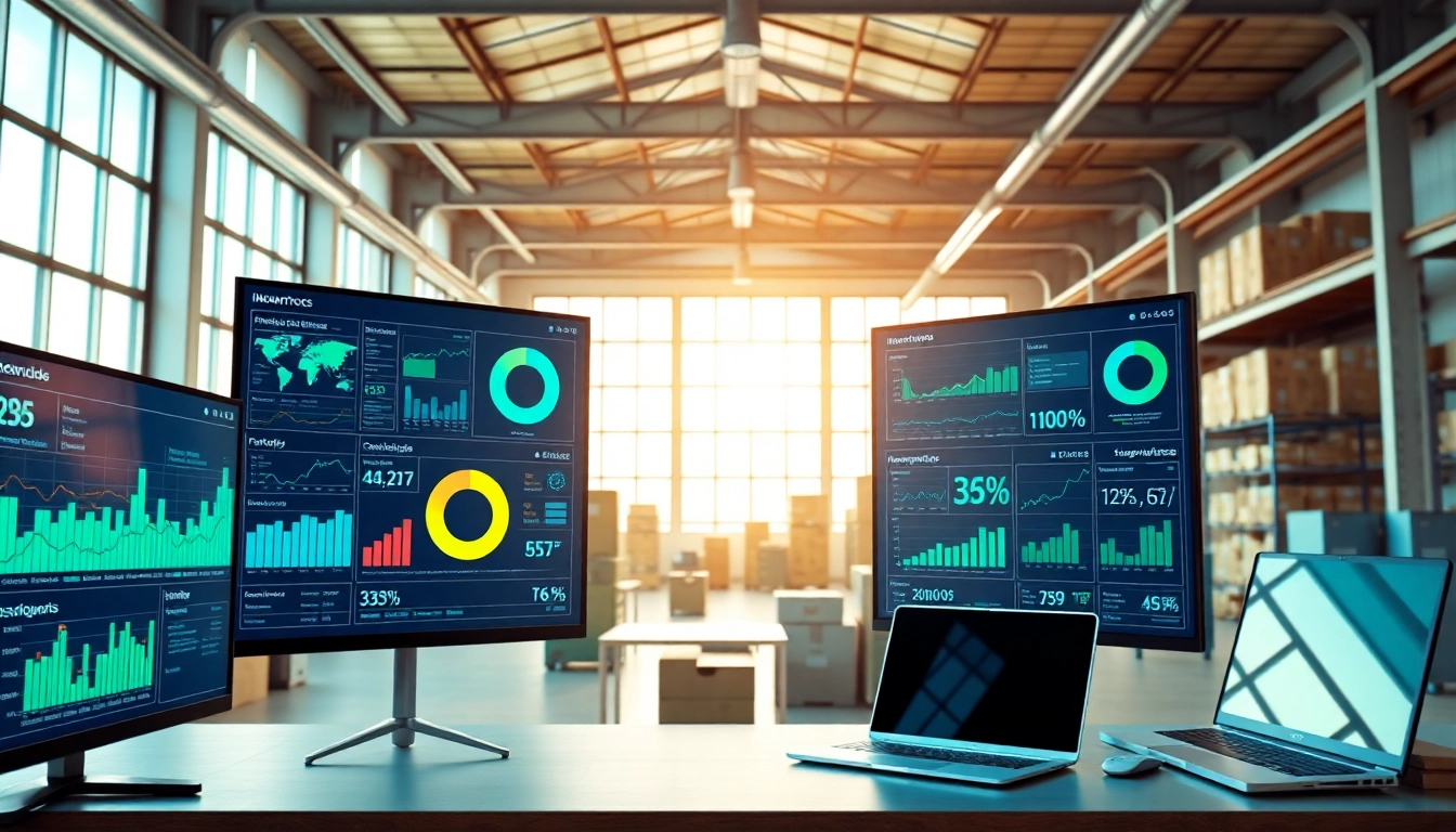 Visualize inventory optimization software with sleek dashboards and analytics in a modern office.