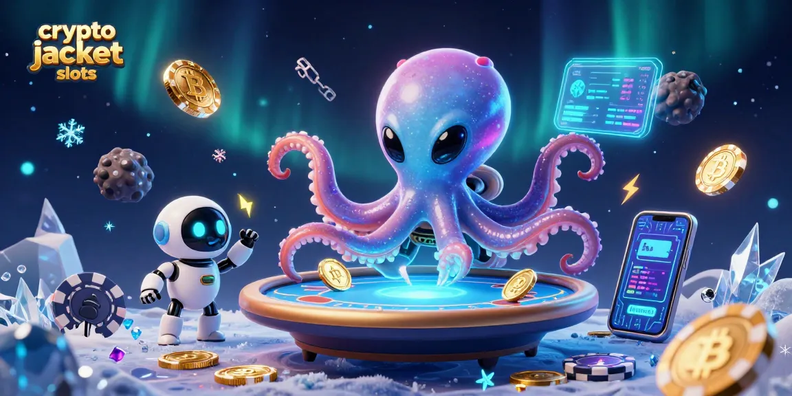 Experience the excitement of crypto jackpot slots with an alien octopus and robot at a holographic poker table amidst floating Bitcoin coins.