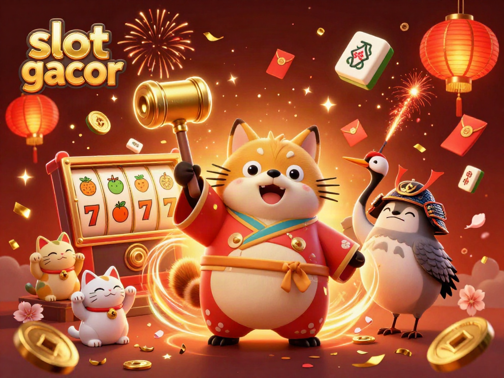 Engage with slot gacor featuring cheerful tanuki and festive elements in a vibrant casino setting.