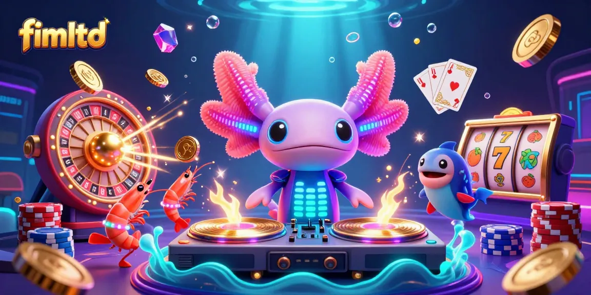Experience the vibrant energy of fimltd with a neon axolotl DJ spinning at a lively underwater casino.