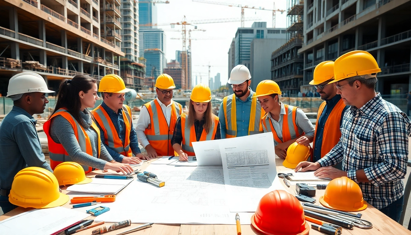 Construction member organization collaborating on site with diverse professionals and tools.