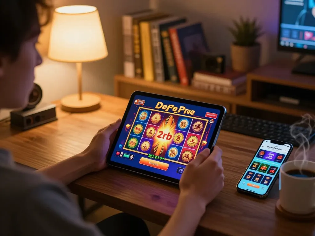Engaging in exciting online gameplay with slot deposit 2rb option displayed on tablet screen in cozy home setting.