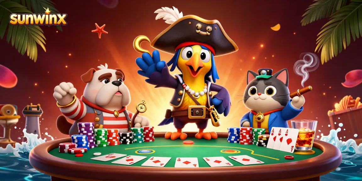 Engage with sunwinx branded casino fun featuring a pirate parrot, bulldog, and cat over poker elements.