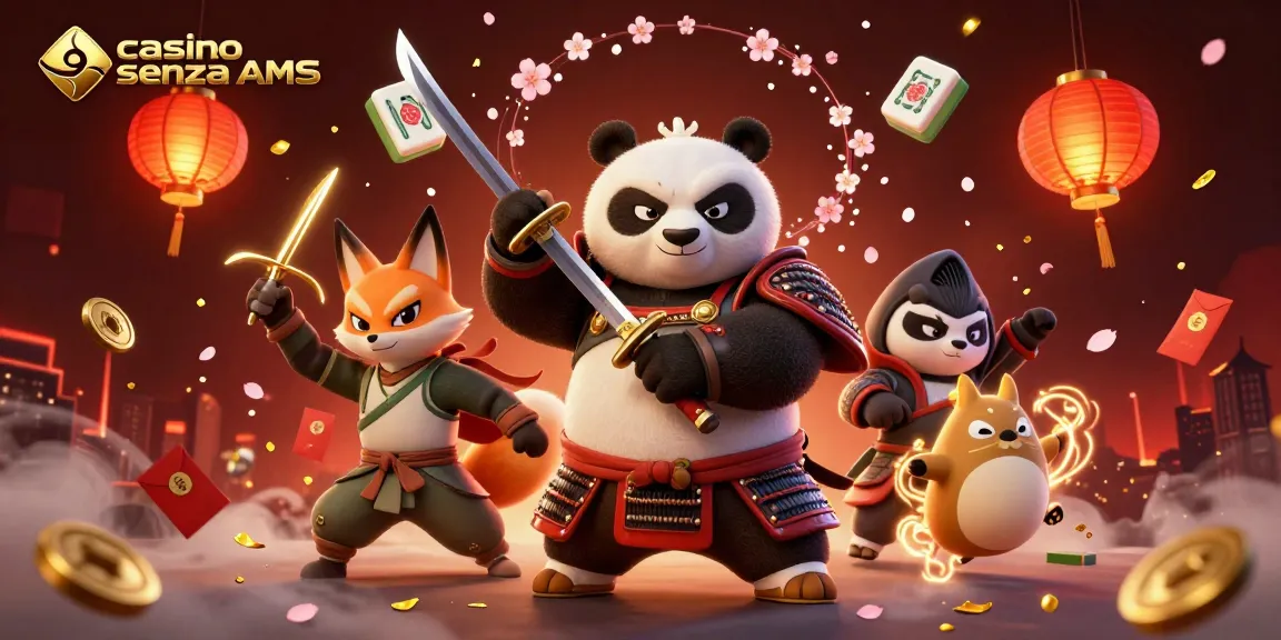 Unisciti all'emozione dei casino senza AAMS con una scena vivace di un panda samurai, una volpe ninja e un tanuki magico.