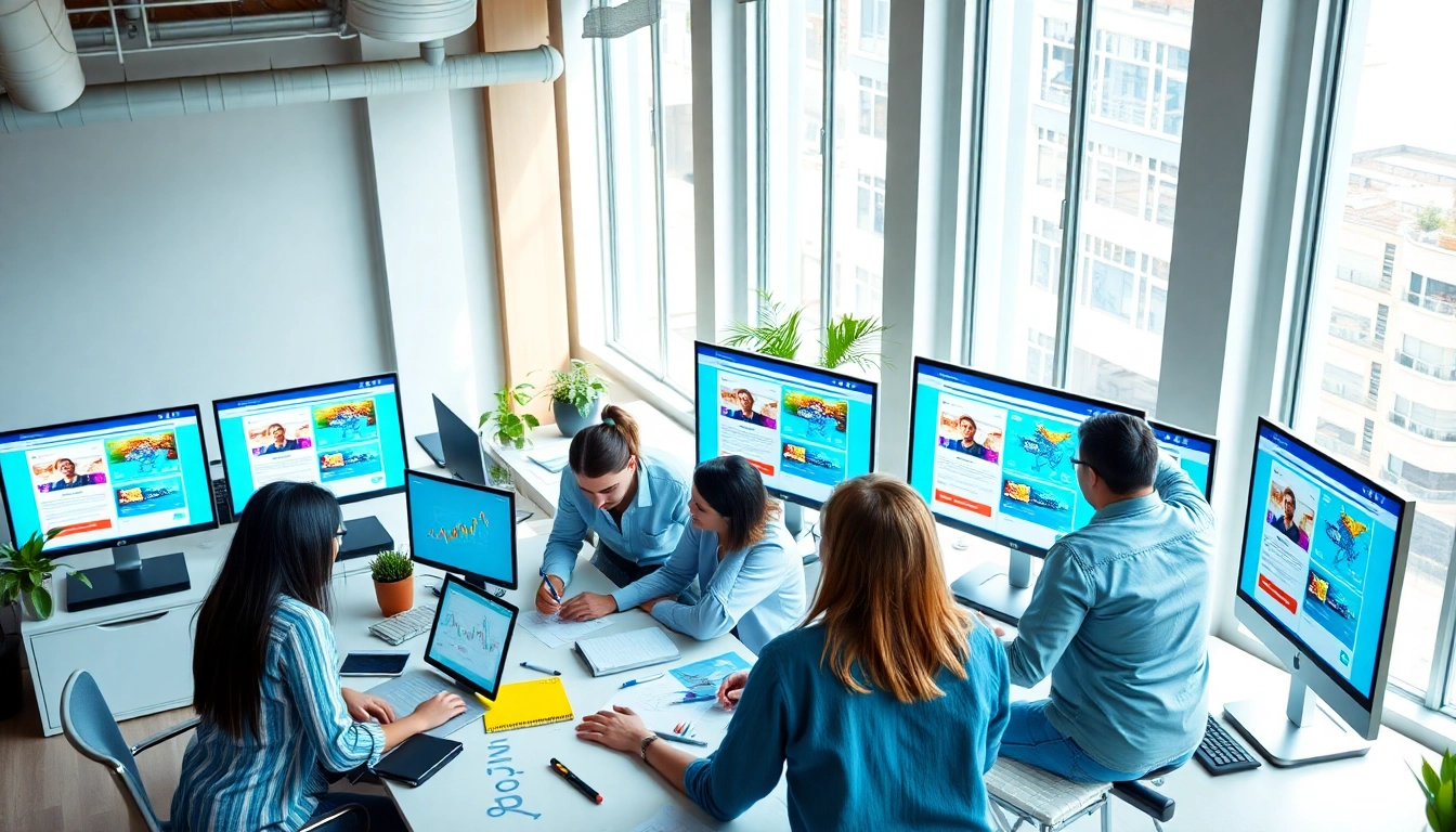 Web design company collaborating creatively in a bright office setting with vibrant mockups.