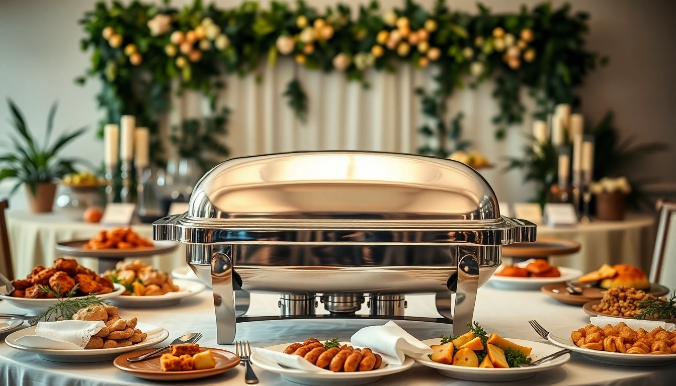 Set a chafing dish elegantly amidst a buffet, showcasing its metallic shine and delicious food.