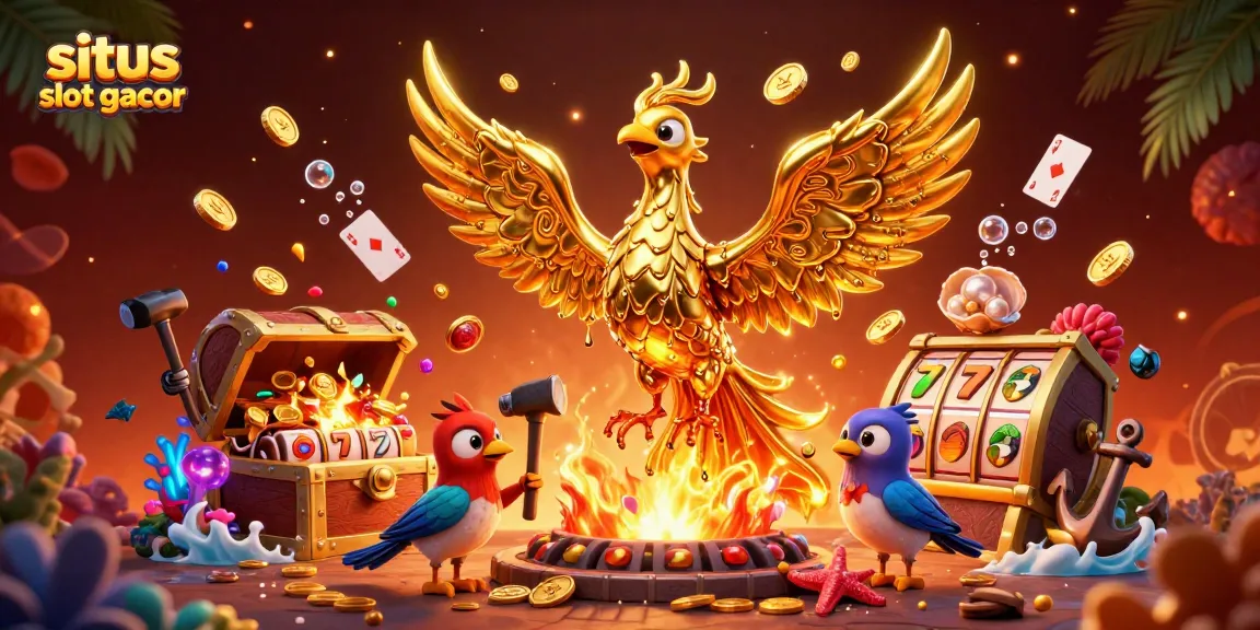 Situs slot gacor unleashes a golden phoenix amidst a treasure overload in this 3D casino illustration.