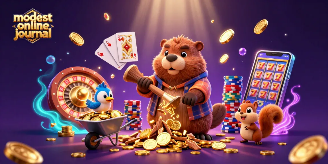 Engage with the modest online journal's vibrant casino scene, showcasing a beaver and friends collecting golden coins.