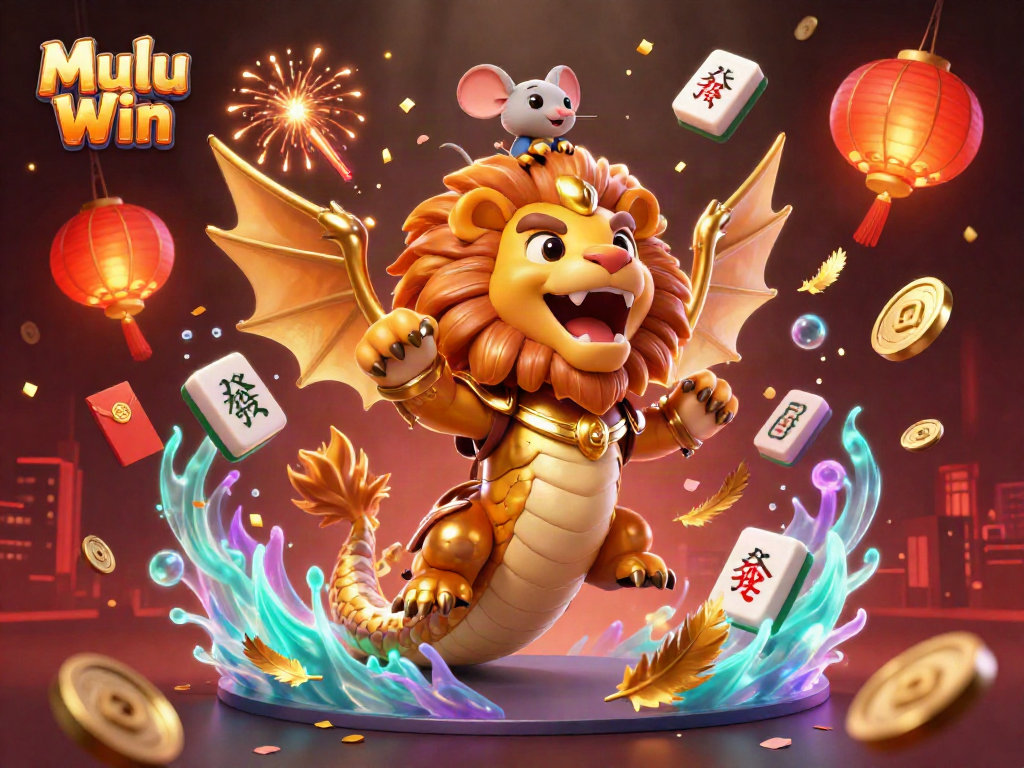 Mulu Win showcases a majestic chimera and mouse jockey amidst vibrant casino imagery.
