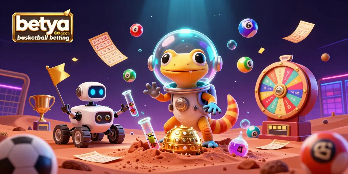 Engage in betya.com basketball betting with a vibrant 3D scene showcasing an alien gecko discovering a golden casino.
