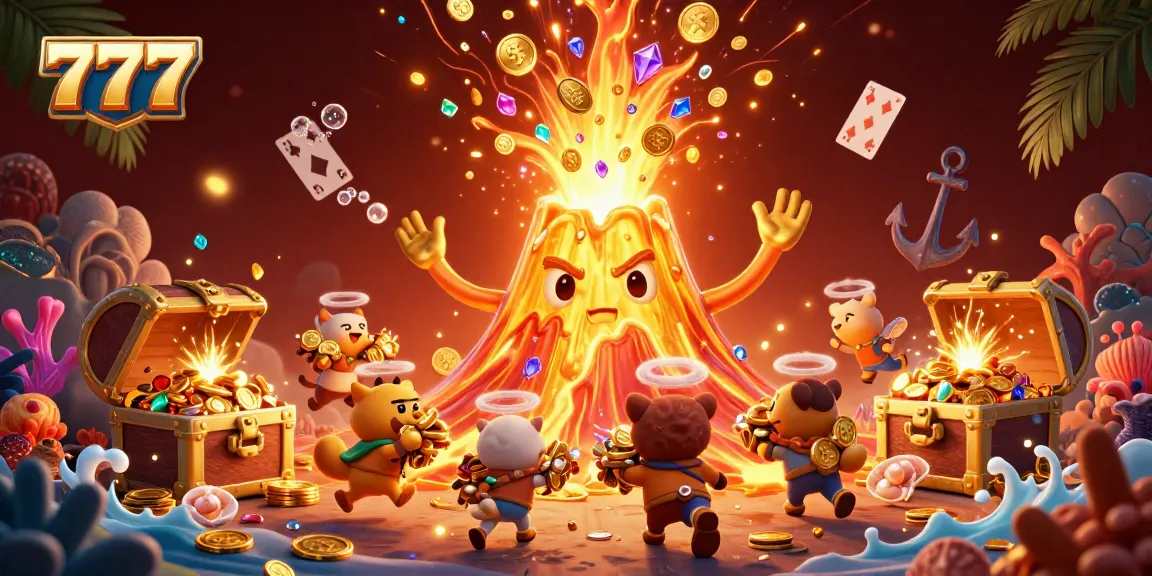 Win big with 777 in a vibrant, treasure-filled casino illustration showcasing dynamic game elements.