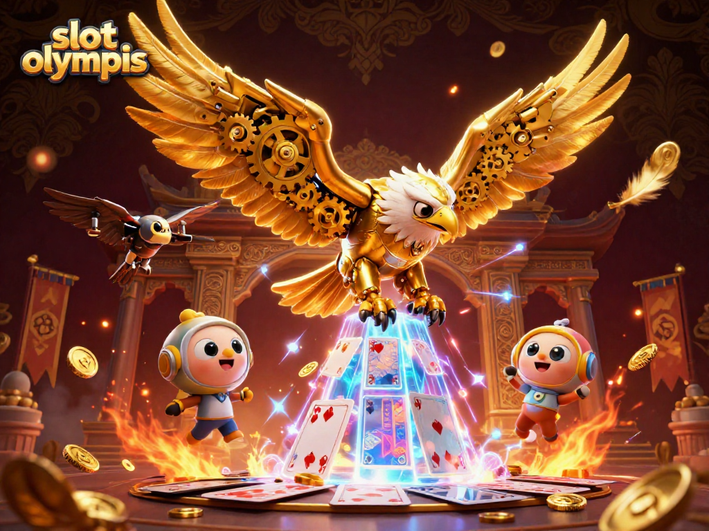 Experience thrilling gameplay in slot olympus with a golden eagle amid swirling cards and coins.