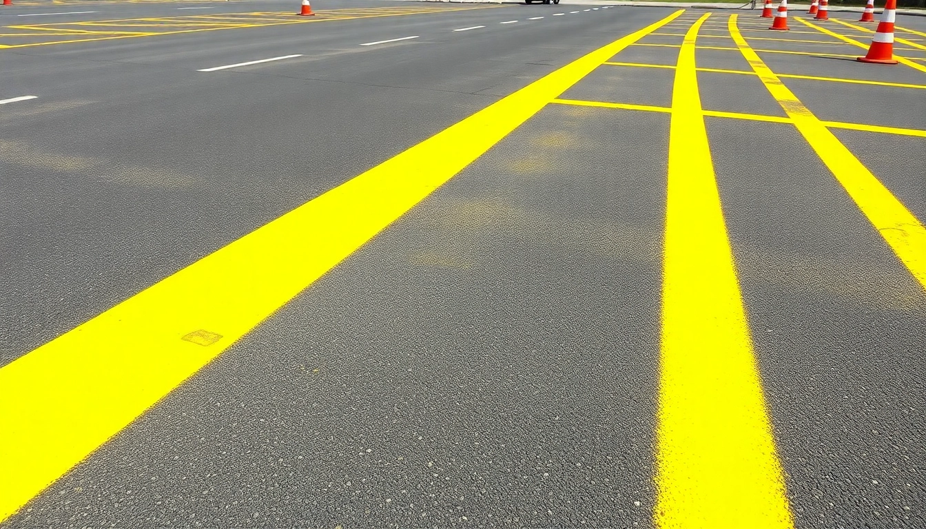 Fire lane striping Jackson MS on asphalt parking lot during a bright day with traffic cones.