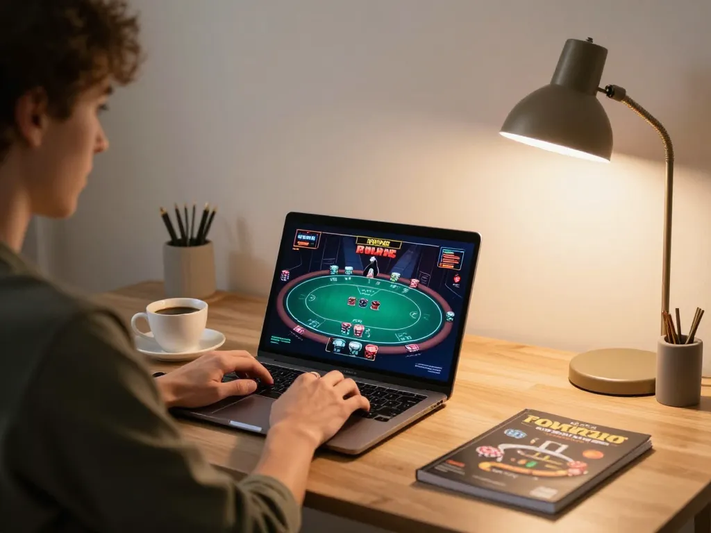 Engaging in exciting poker gameplay online with vipwin in a cozy home office setting.