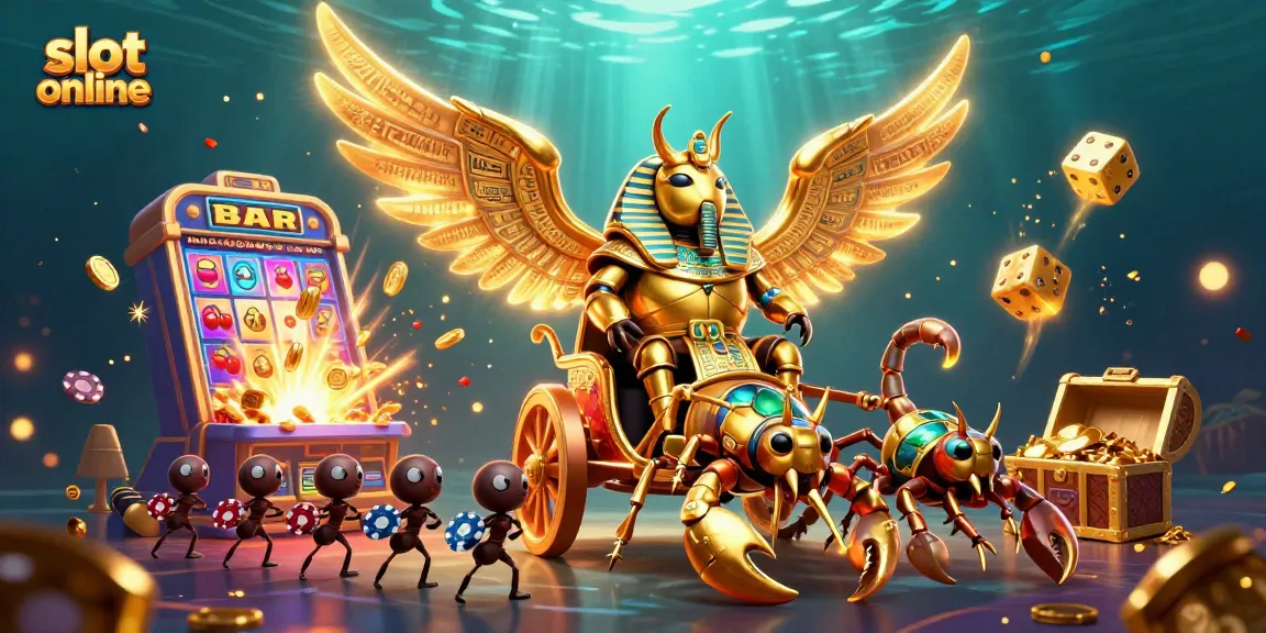 Mainkan slot online dengan ilustrasi penuh warna dan karakter menarik di latar belakang yang indah.