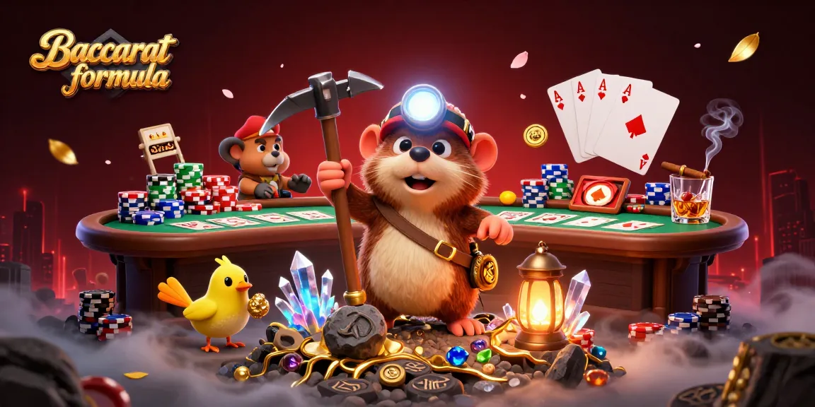 Baccarat formula illustrating vibrant treasure hunting scene with a mole, canary, and poker elements