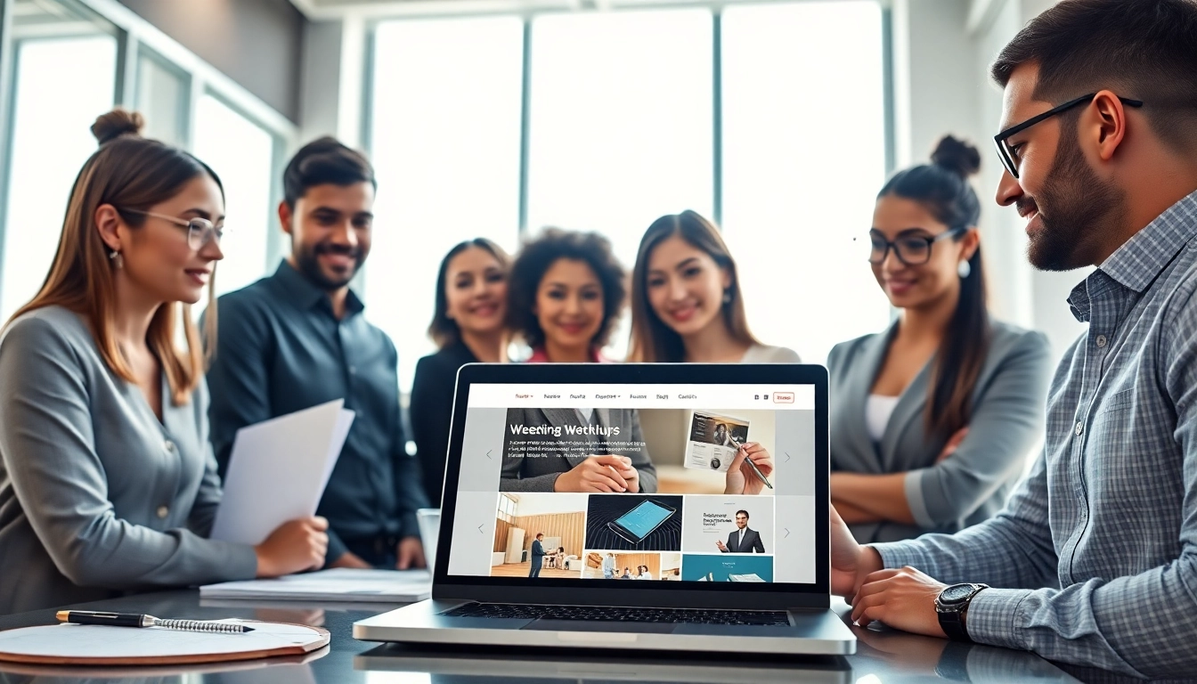 Showcasing edmonton web design through a professional team collaborating on digital mockups.