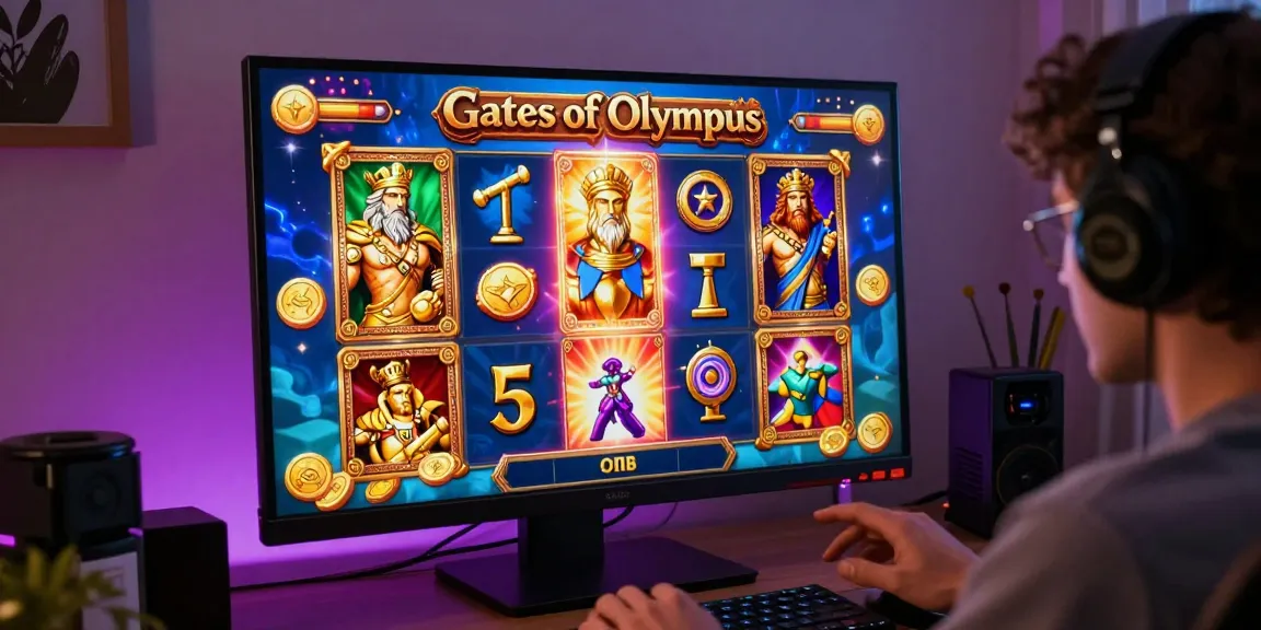 Permainan olympus slot menampilkan pemain yang terfokus pada layar berwarna cerah dengan simbol mitologi Yunani dari Kakek Zeus, menggambarkan suasana menegangkan.