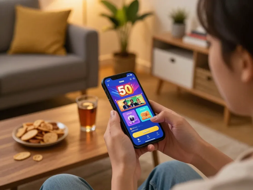 Engaging scene of downloading apk slot bet 50 perak on smartphone with warm home atmosphere.
